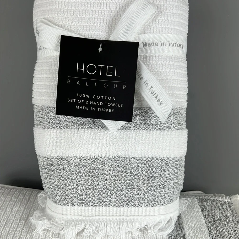 Hotel Balfour Bathroom Towel Set 4 Piece White Tan 100% Cotton 2 Bath 2 Hand NEW